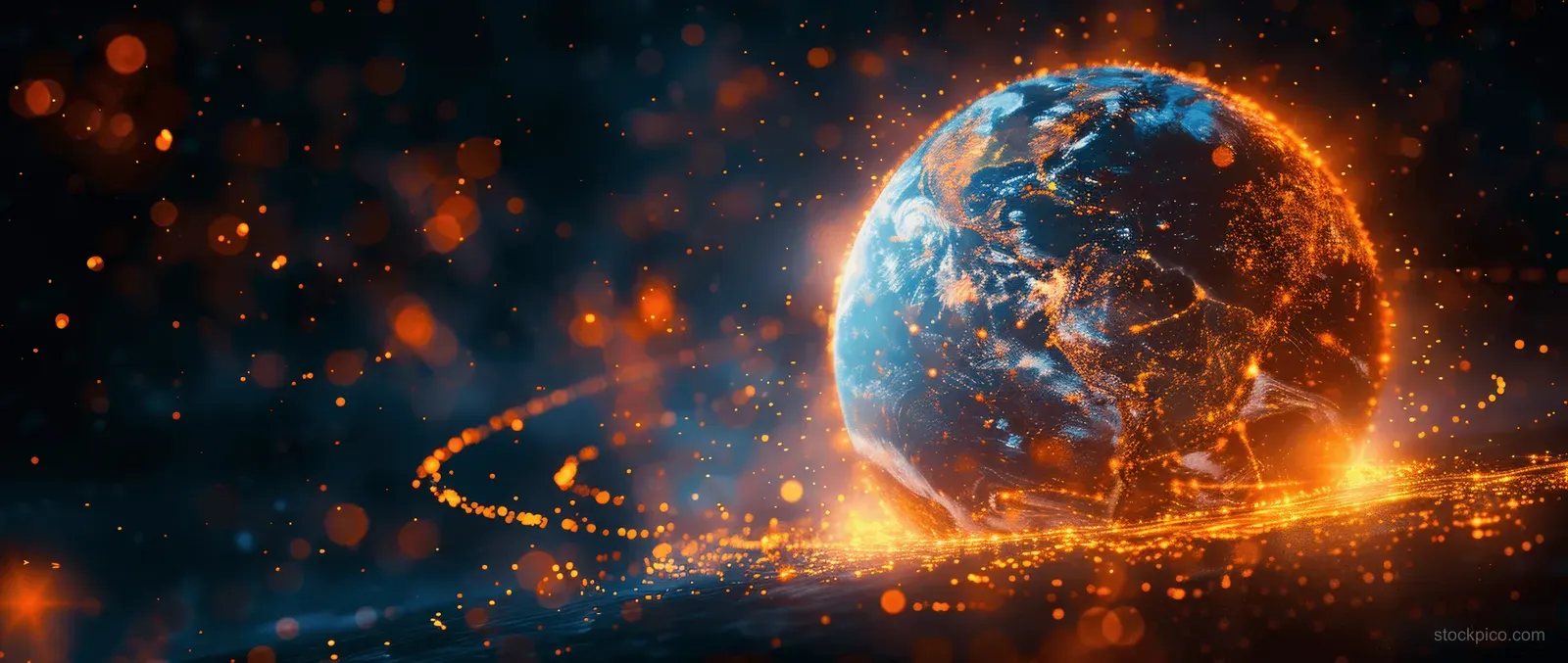 Luminous Digital Earth in space with glowing network lines and AI-like nodes representing global data transfer.