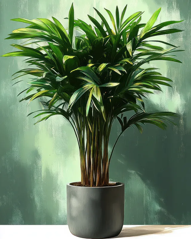 Tall lush houseplant in gray pot against textured green wall