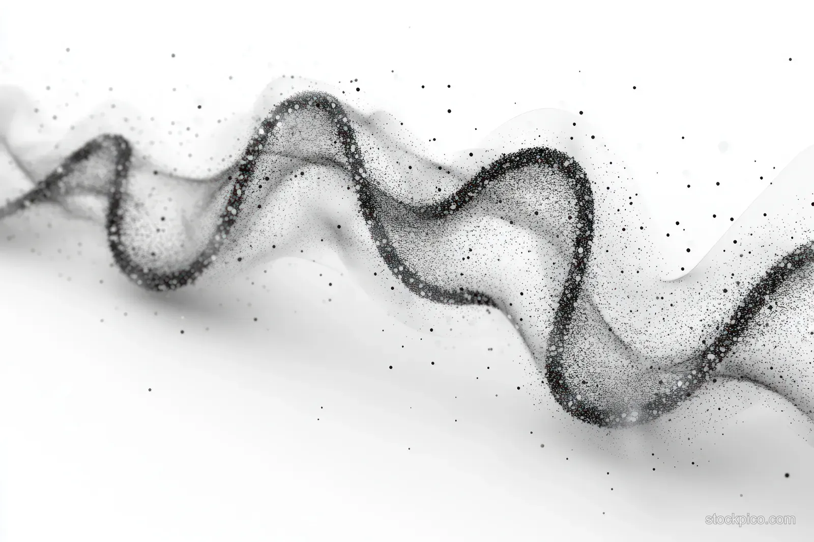 An ink-like DNA helix swirls across a white background and scatters into small particles.