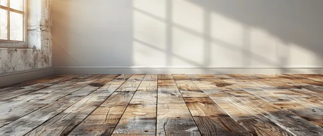 Empty room corner with light wood parquet floor and a blank white wall lit by angled sunlight.