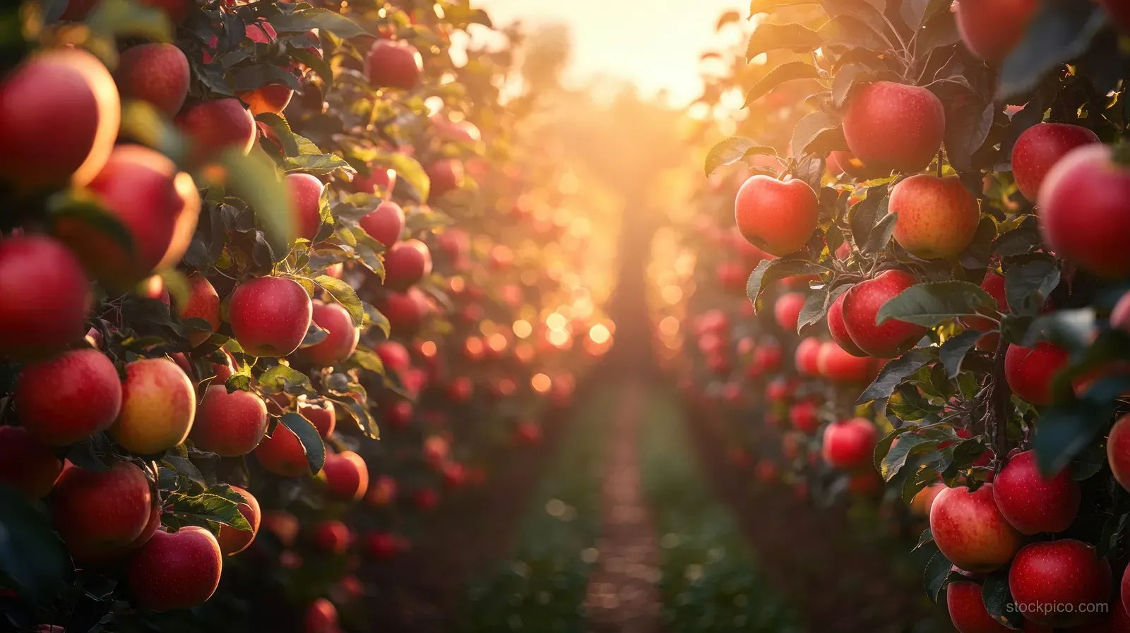 Red apples cluster on tree branches along an orchard path under warm sunlight and blue sky.