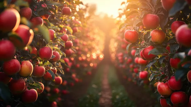 Ripe red apple trees lining an orchard path under clear blue sky