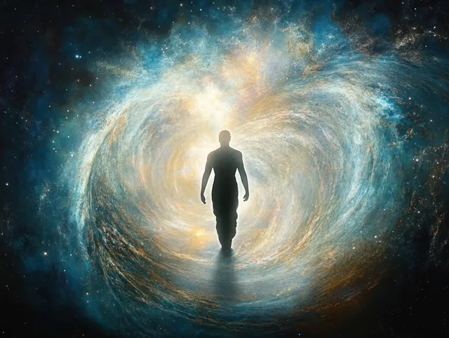 Silhouette walks toward a luminous swirling cosmic vortex with starlit depth