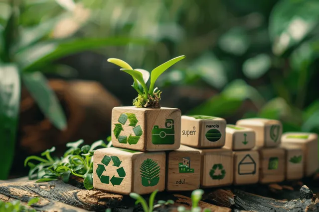Recycling cube blocks sprouting on forest floor with circular economy icons
