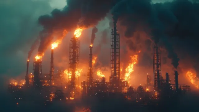 Nighttime refinery shows burning flare stacks with thick smoke rising into a dark sky.