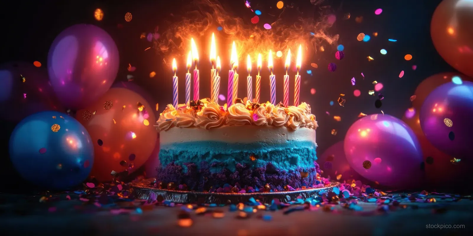 Eleven lit candles glow on a colorful birthday cake surrounded by balloons and confetti in a dark scene.