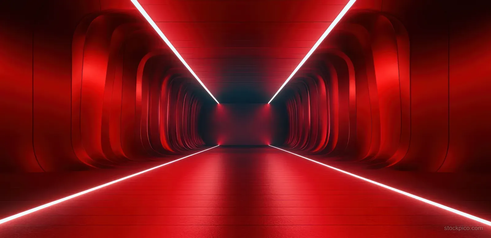 Long futuristic corridor with red neon lighting, curved walls, and a glowing central vanishing point.