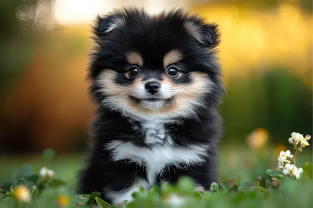 Fluffy black-and-tan puppy sitting on green grass beside tiny white flowers