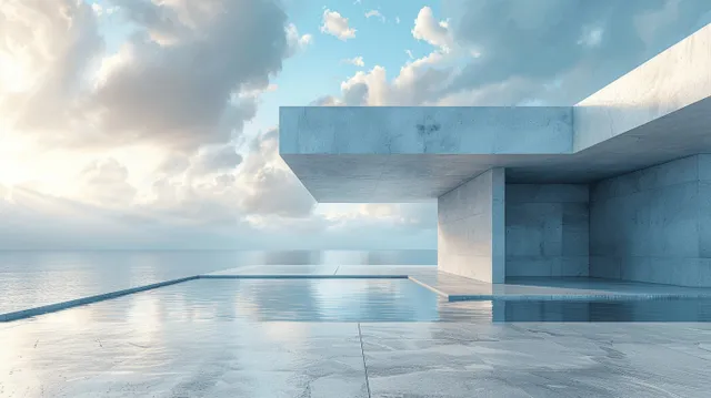 Minimalist 3D terrace with concrete floor, modern columns, and blue sky reflection across the open space.