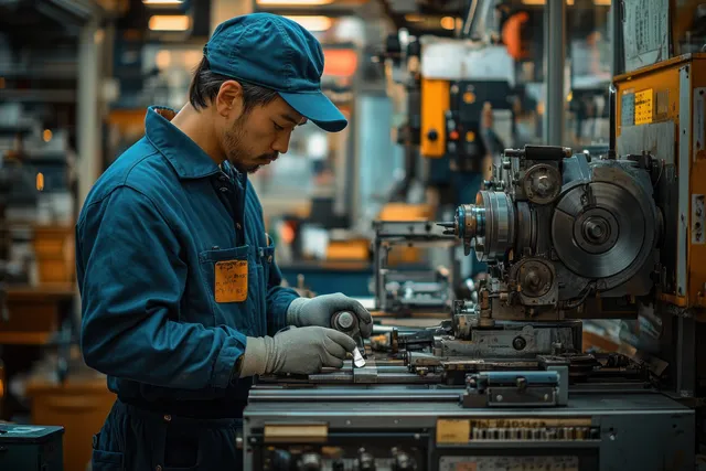Male mechanic in blue coveralls repairing a lathe inside a busy factory workshop