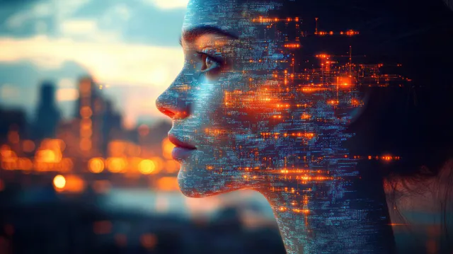 Side profile of a young woman with glowing orange data code patterns overlayed on her face before a blurred dusk city.