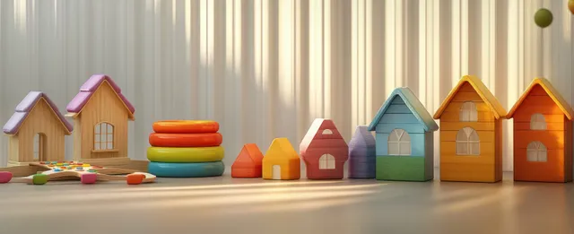 Colorful wooden stacking rings and toy block houses are arranged on a table in soft indoor light.