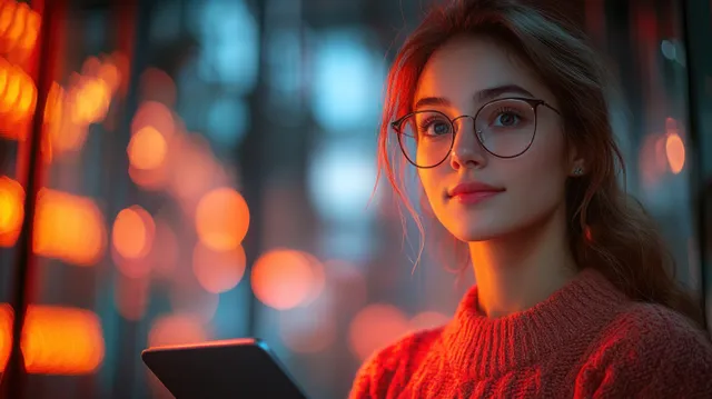Smiling businesswoman holding a tablet near large window with warm bokeh lights