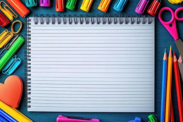 Overhead view of a lined notebook framed by colored pencils, scissors, paper clips, and other school supplies.