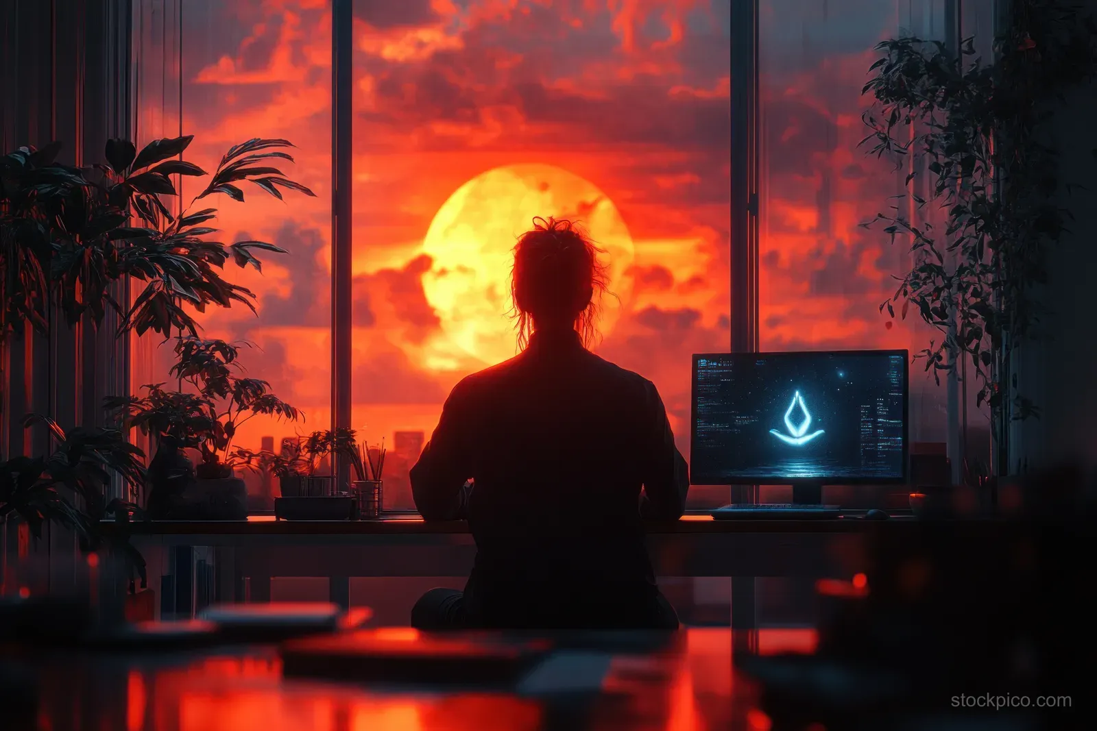 A young woman in a suit meditates in lotus pose at a desk in a modern office with sunset light.