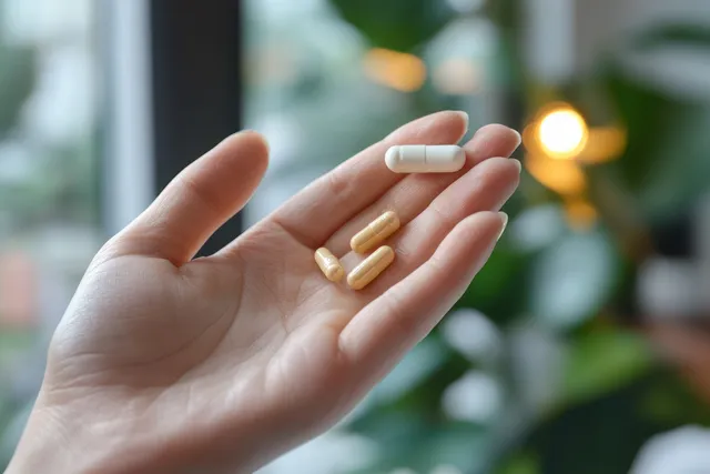 Close-up of a woman holding a painkiller tablet above an open blister pack indoors.