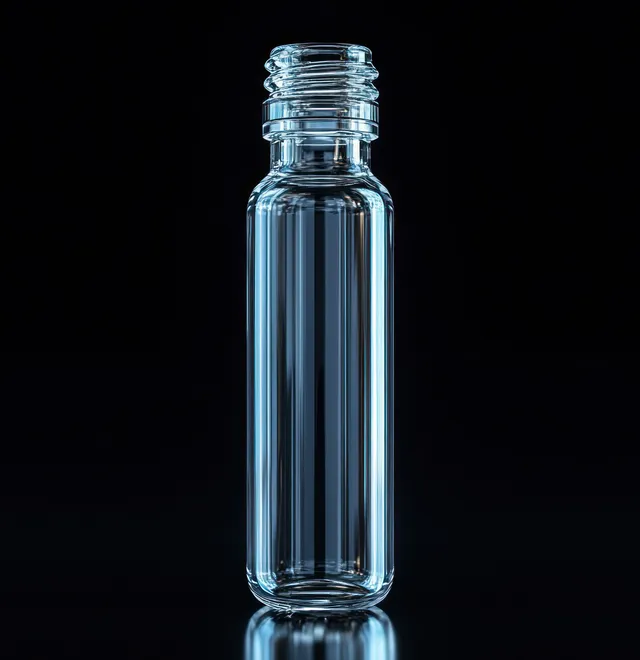 A clear glass ampoule stands upright on a dark reflective surface.
