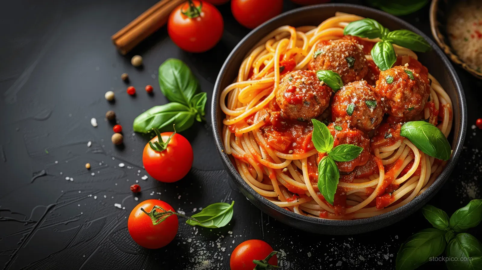 Bowl of spaghetti with meatballs in tomato sauce and basil on a dark slate, surrounded by fresh tomatoes and spices.
