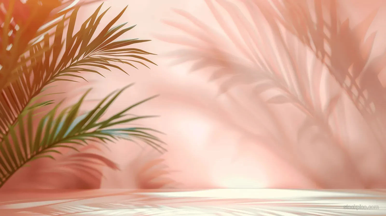 Sunlit light peach wall shows soft palm leaf shadows across a minimal abstract summer background.