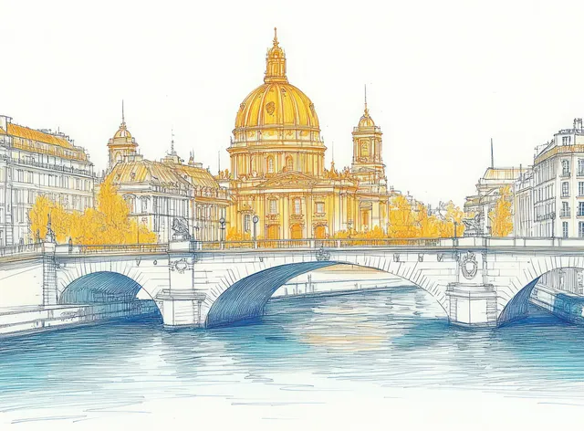 Pencil sketch of a domed cathedral by a stone bridge over a river in autumn sun