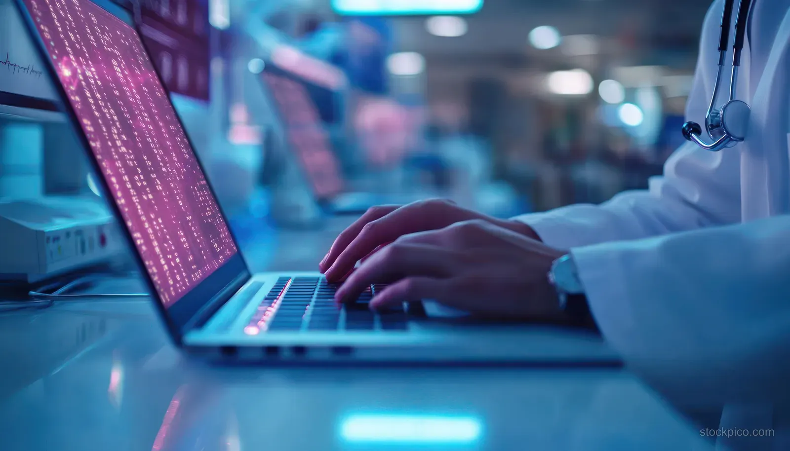 Clinician typing patient records on a glowing laptop in a hospital while other staff blur in the background.