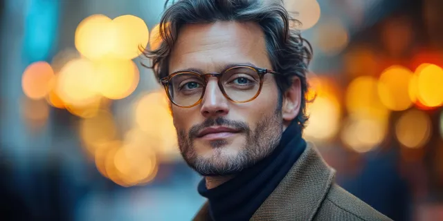 Confident man with glasses and beard in brown coat and black turtleneck at night
