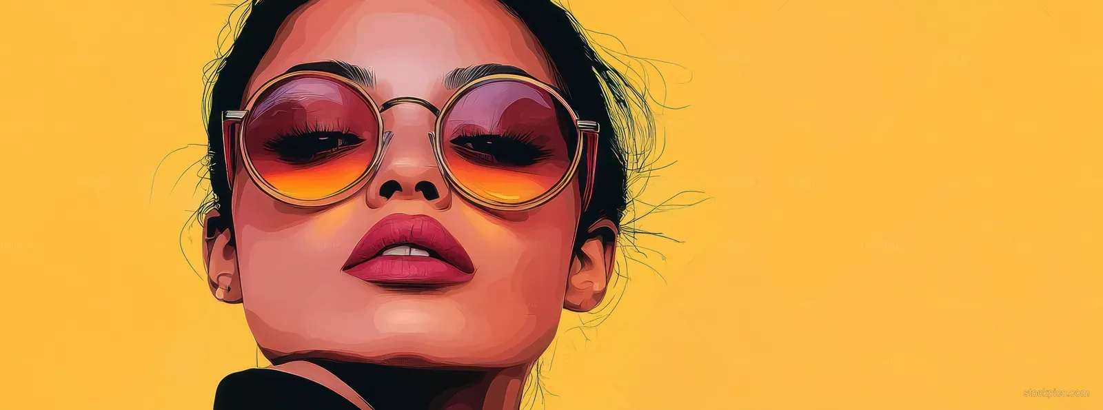Vibrant pop art portrait of a joyful Black woman in round glasses, featuring bold colors and a modern minimalist style.