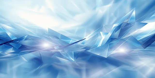 Blue and white crystal polygon background with sharp light rays and faceted depth