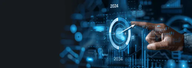 A businessman points at a glowing target while financial charts and digital data appear on a futuristic screen.