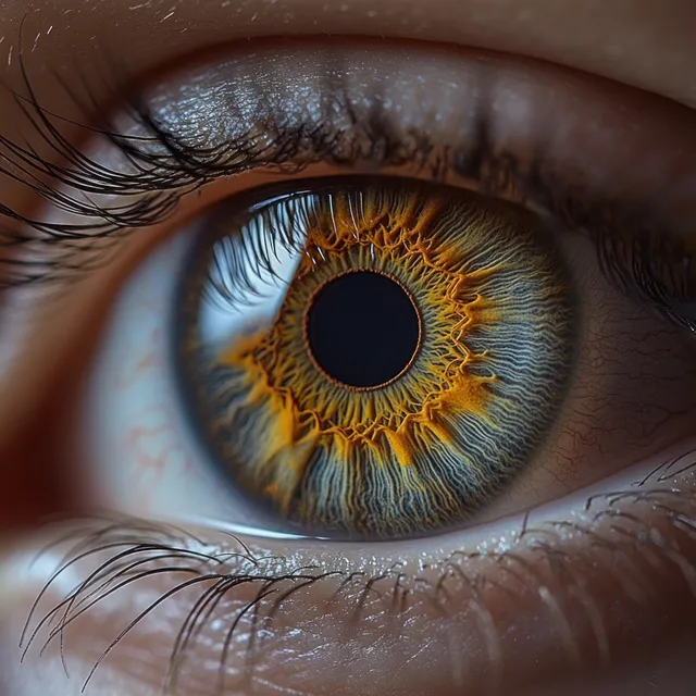 Extreme close-up of a human eye with a golden-blue iris texture and visible eyelashes.