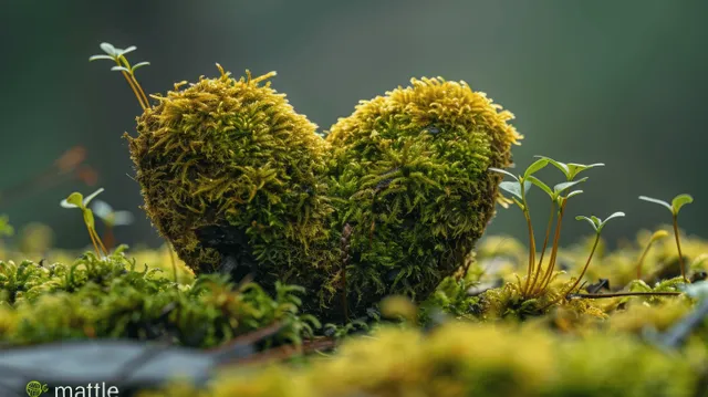 A heart-shaped patch of moss grows in forest soil with small green sprouts and soft blurred bokeh light.