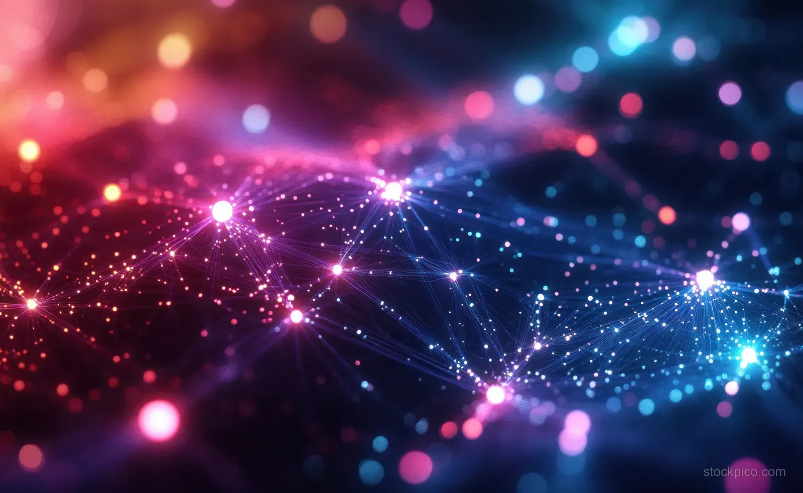 Glowing neural network nodes and connections scatter across a dark background with colorful light trails and bokeh.
