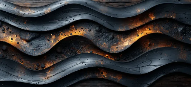 Dark brown carved wood waves with glossy resin ripples across a weathered textured background.