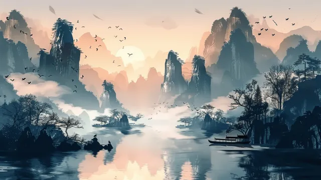 Traditional ink landscape scene with misty mountains, river reflections, and flying birds