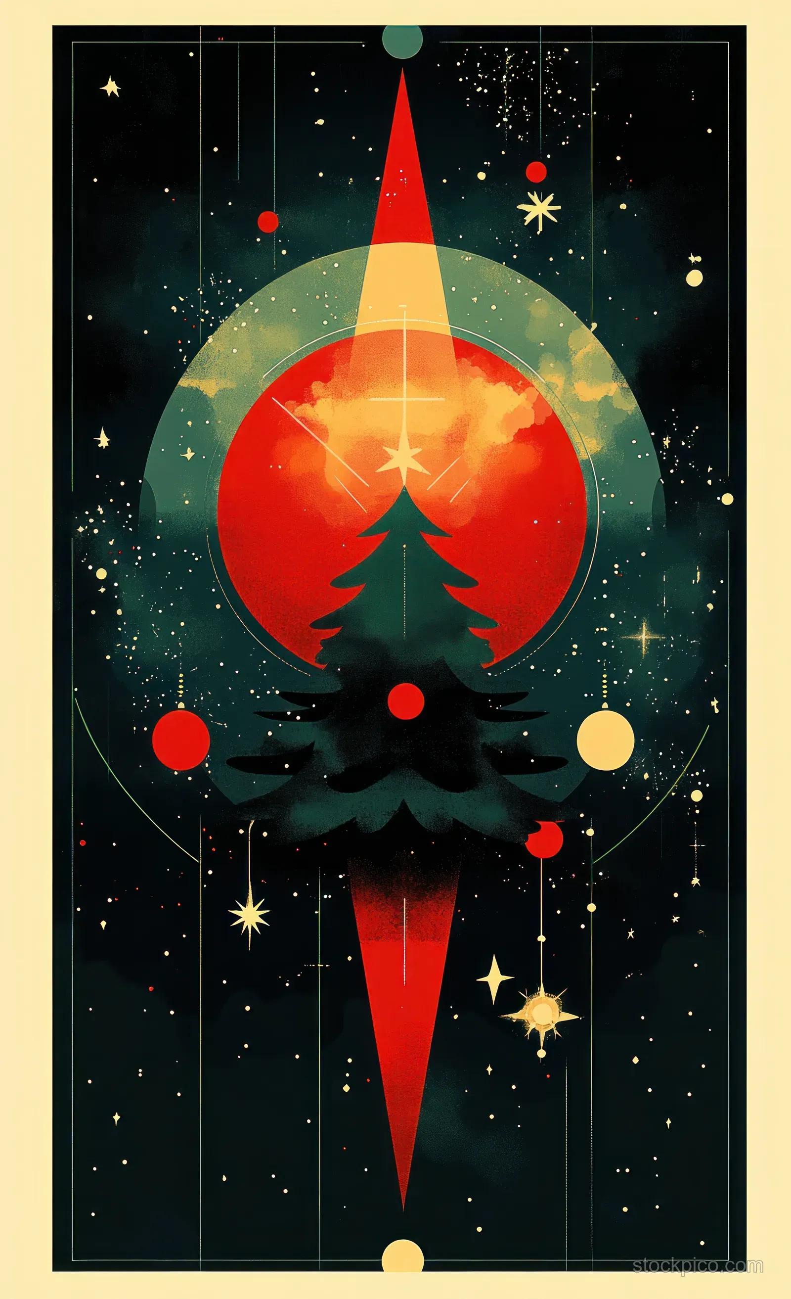 Dark cosmic poster with a glowing Christmas tree silhouette, stars, and colorful geometric orbs.