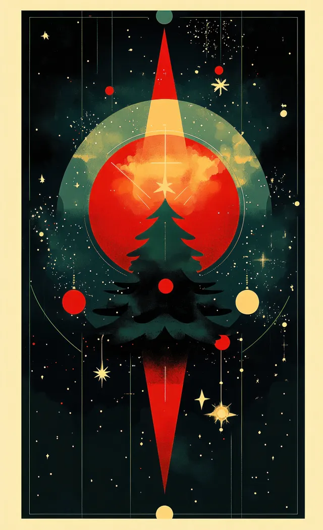 Dark cosmic poster with a glowing Christmas tree silhouette, stars, and colorful geometric orbs.