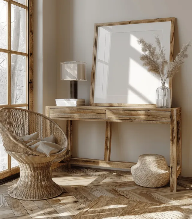 Sunlit boho interior shows a wooden desk, wicker armchair, beige walls, and framed posters with leaf shadows.