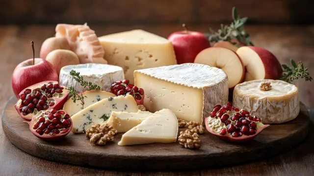 Assorted cheeses on a wooden board with pomegranate halves, walnuts, and red apples arranged on a table.