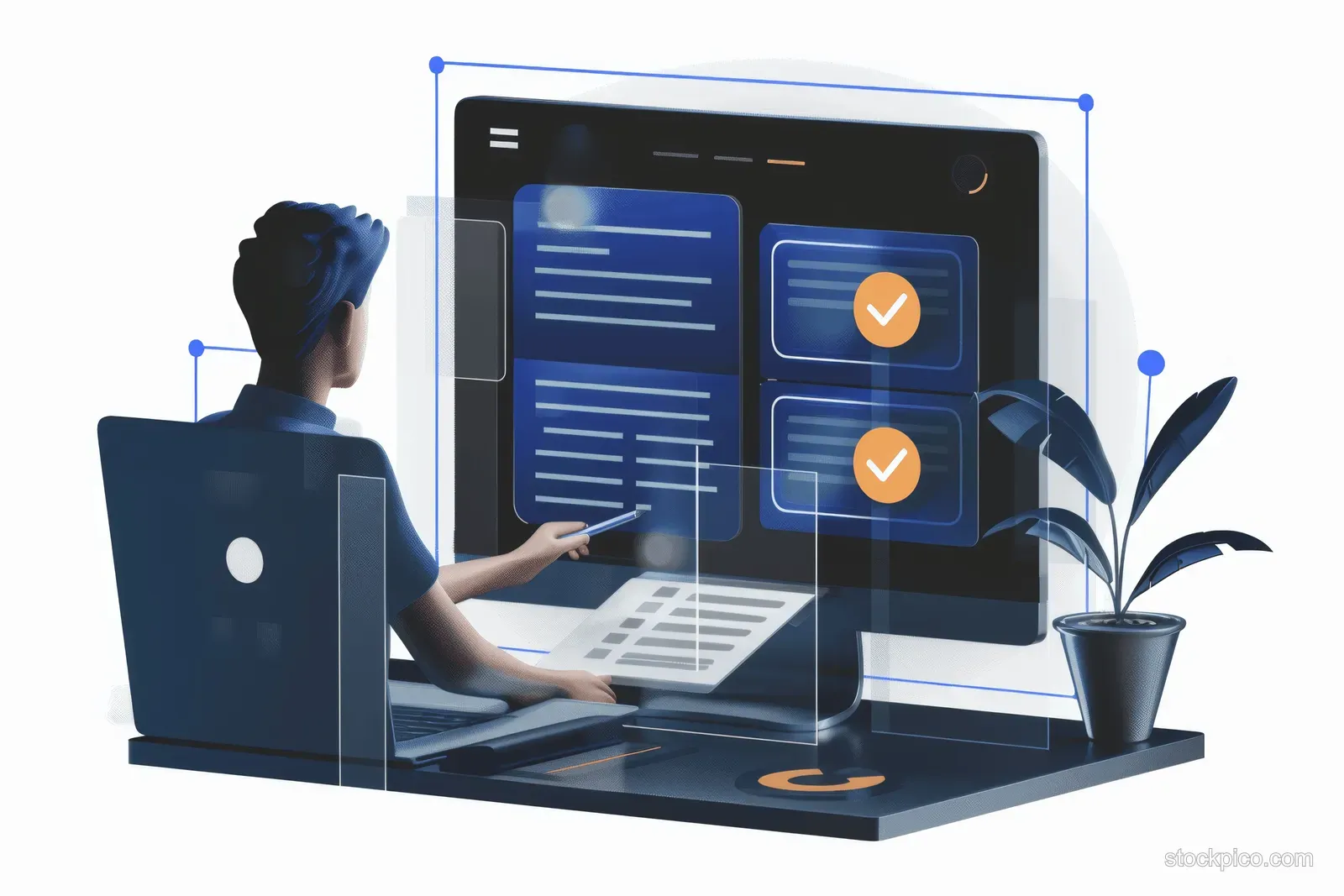 A businesswoman at a computer checks digital quality documents on a CRM screen with approval checkmarks.