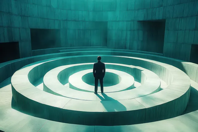 A lone man in a suit stands at the center of a circular concrete maze under teal dramatic lighting.