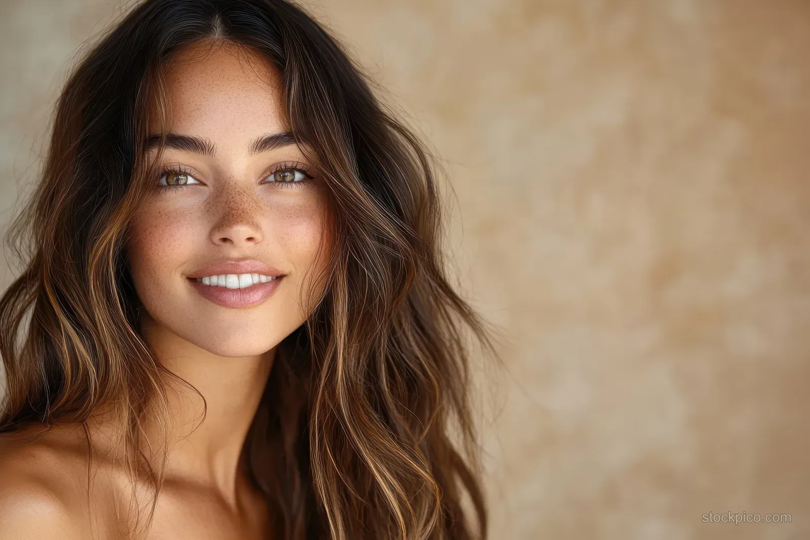 Smiling woman with long wavy hair relaxing in warm spa-like light against a soft beige background.