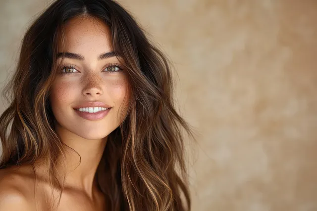 Smiling woman with long wavy hair relaxing indoors under warm spa-like lighting