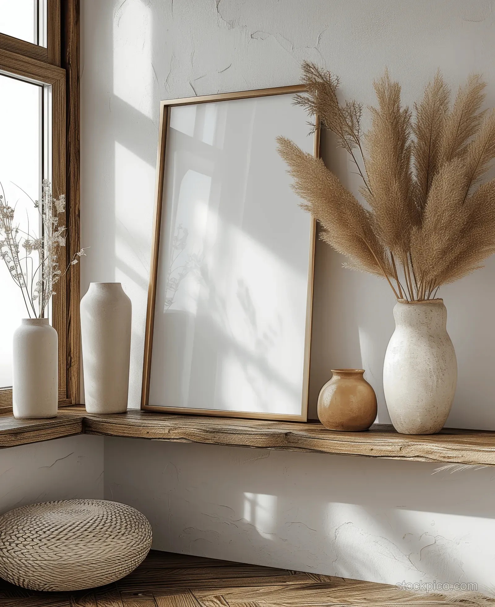 A blank frame sits on a wooden shelf beside pampas grass and ceramic vases in a neutral room.
