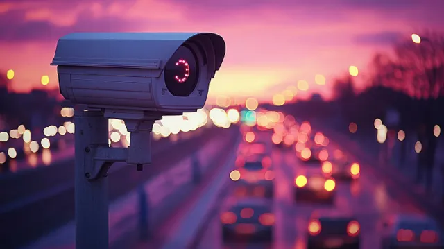 A street surveillance camera monitors traffic at dusk with blurred vehicle lights and colorful bokeh city lights behind it.