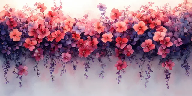 Hand-drawn watercolor pattern of cascading pink and purple wildflowers with foliage, ideal for textiles and decor.