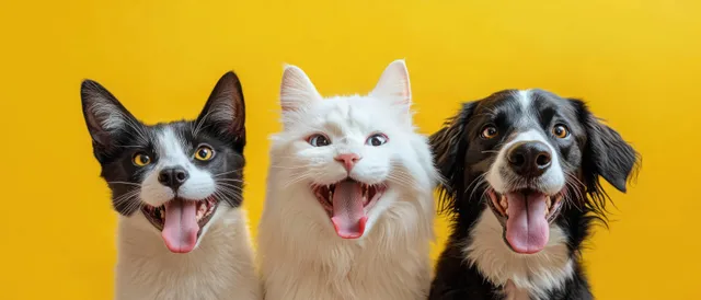 White cat and two dogs pose with tongues out, smiling against a bright yellow background.