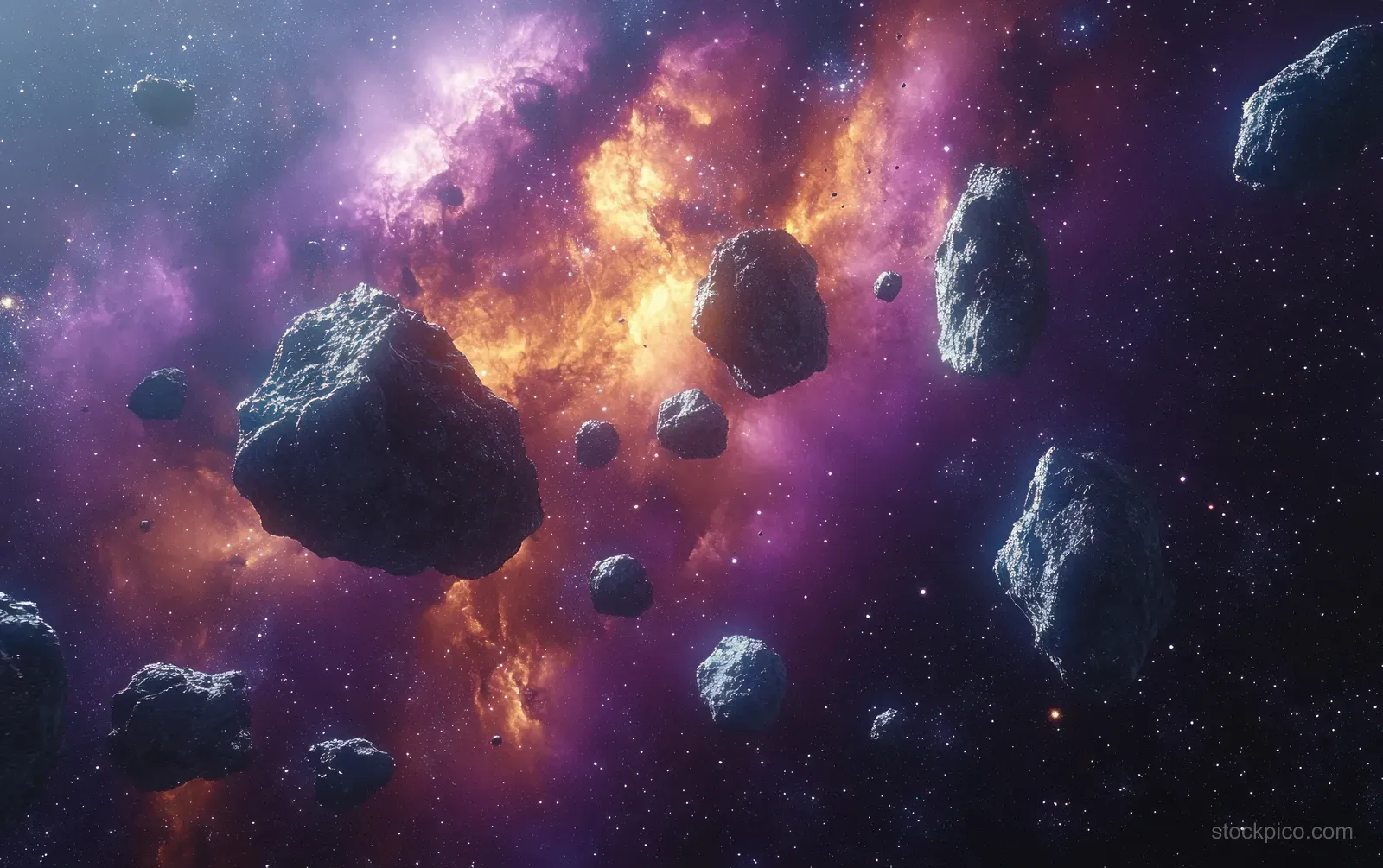 A colorful nebula glows behind floating asteroids and luminous stars in a deep space scene.