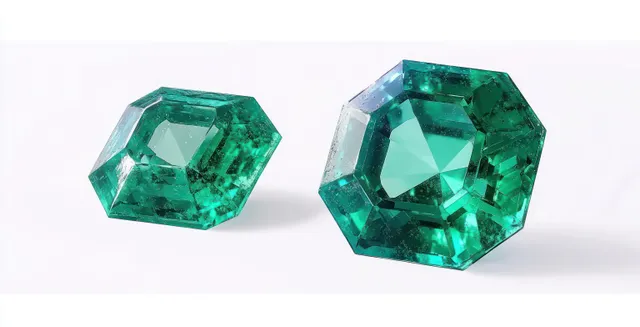 Two faceted green emerald gemstones with octagonal and hexagonal cuts on a white background reflecting light.