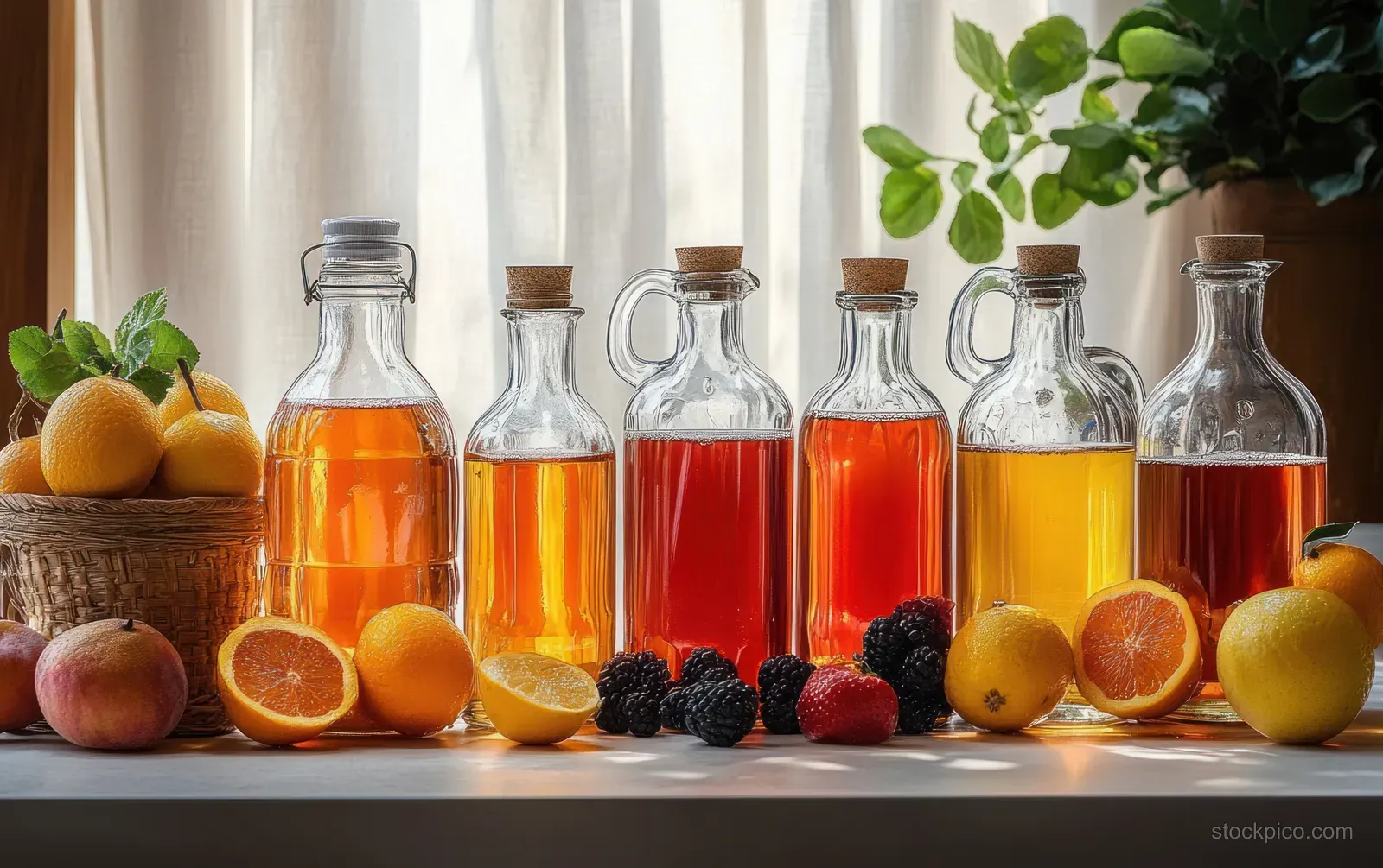 Colorful fruit juice bottles with corks lined on a table next to citrus halves, berries, and apples in window light.