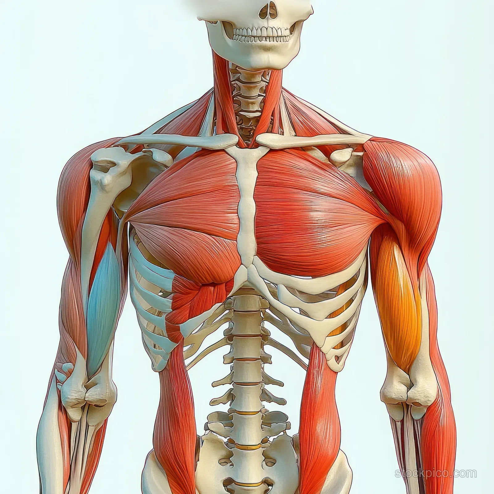Front view 3D anatomy model showing human skeleton with red biceps brachii muscles highlighted.